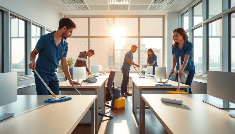 Gebäude mit Herz cleaning team efficiently working in a bright office space.