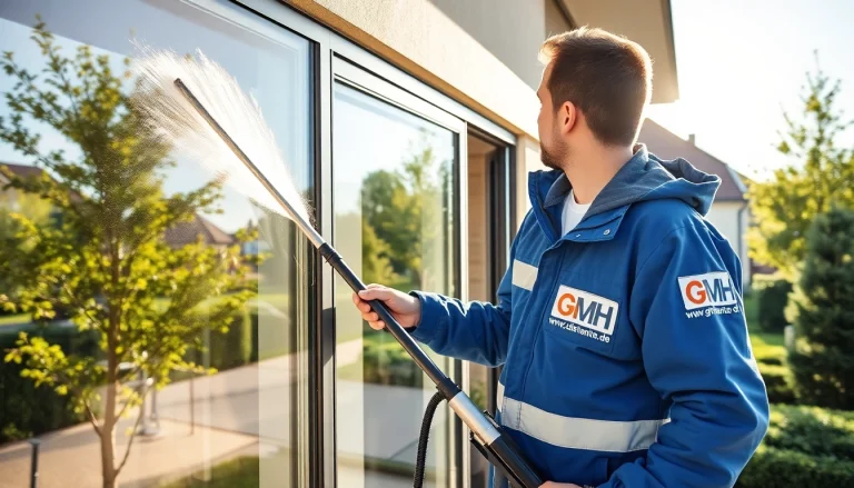 Fensterreiniger von https://gmh-dienstleistung.de reinigt strahlend saubere Fenster im Sonnenschein.