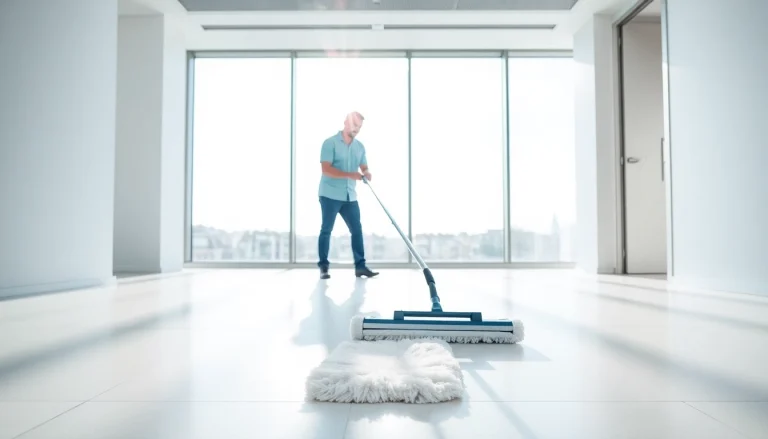 Professionelle Reinigungskraft der Reinigungsfirma Münster reinigt das Büro mit einem Wischmopp.