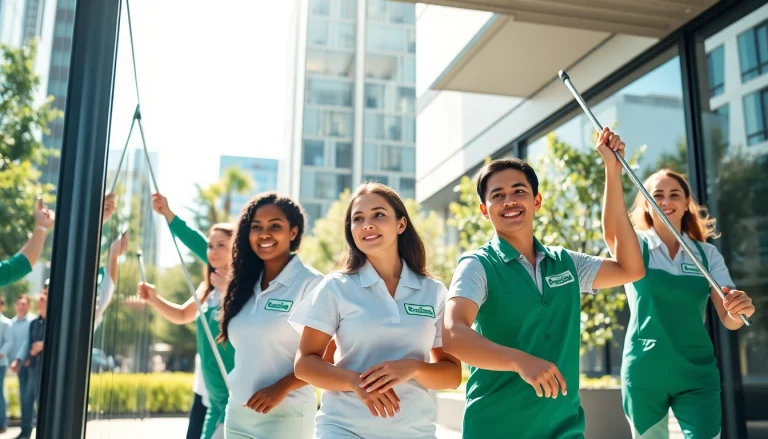 Gebäude mit Herz Team in Aktion beim professionellen Fensterputzen eines modernen Gebäudes.
