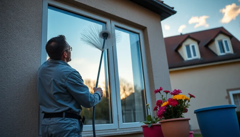 Fensterputzer Coesfeld reinigt professionell große Fenster eines charmanten Hauses mit modernem Equipment.