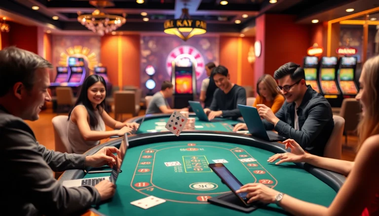 Entdecken Sie die aufregende Welt der auslaendische online Casinos mit modernen Spieltischen und glücklichen Spielern, die umgangen mit Laptops spielen.