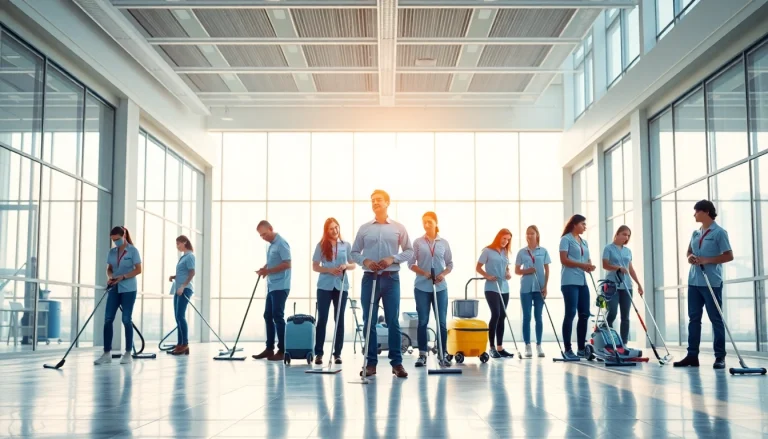 Gebäude mit Herz: Team von Reinigungskräften sorgt für Sauberkeit in modernen Büros.