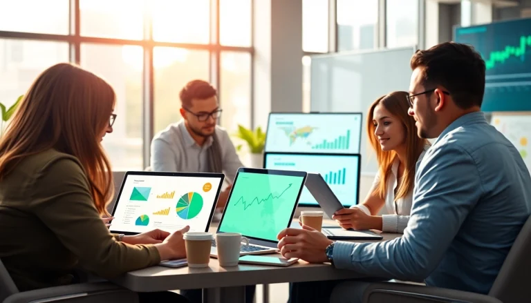 Auduro zeigt ein engagiertes Team bei der digitalen Marketingarbeit in einem modernen Büro.