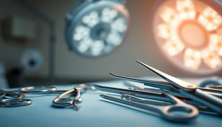 Chirurgische Instrumente auf einem sterilen OP-Tisch angeordnet.