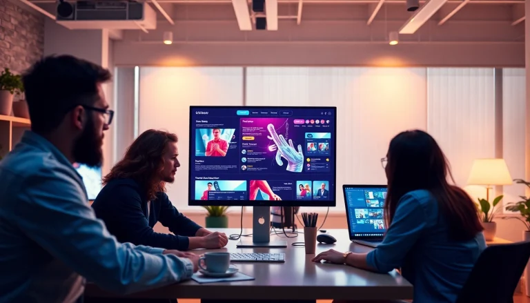 A webdesign agency team brainstorming innovative digital solutions around a sleek workspace.