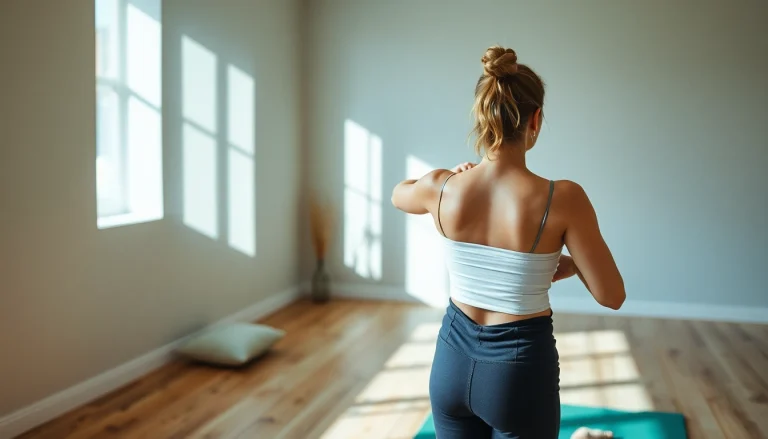 Person legt eine kniebandage in einem hellen Yoga-Raum an, was die Gesundheit und Flexibilität fördert.