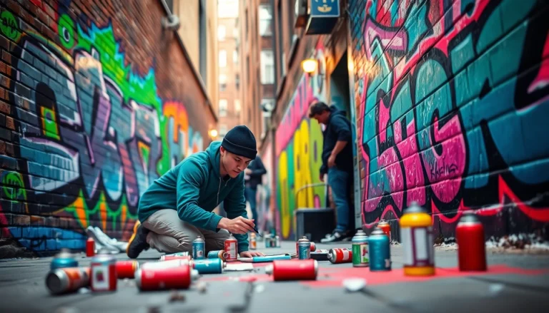 Experience the creativity of Graffiti Dortmund through a vibrant street scene featuring an artist painting a mural.
