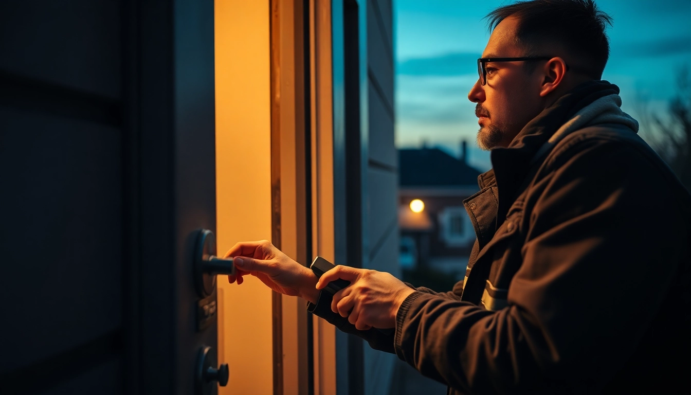 Schlüsseldienst Technikeren öffnet schnell und sicher eine Tür im Einsatz.