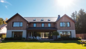 SIP house for sale: Ein modernes SIP-Haus mit großen Fenstern in einer grünen Umgebung zum Verkauf.