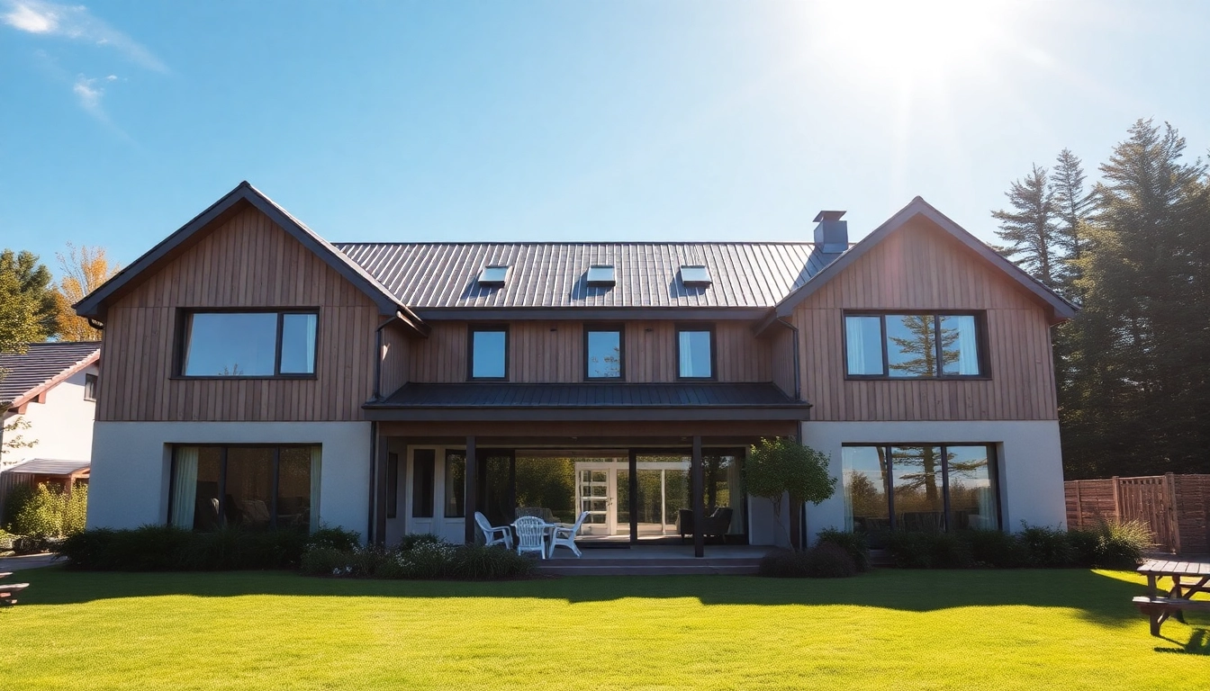 SIP house for sale: Ein modernes SIP-Haus mit großen Fenstern in einer grünen Umgebung zum Verkauf.