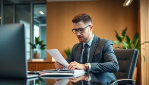 Headhunter konzentriert an einem Schreibtisch, während er Bewerbungen prüft.