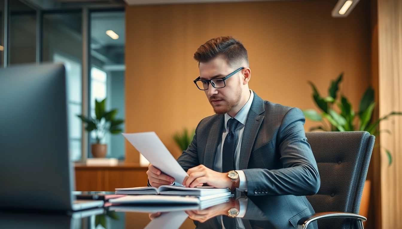 Headhunter konzentriert an einem Schreibtisch, während er Bewerbungen prüft.