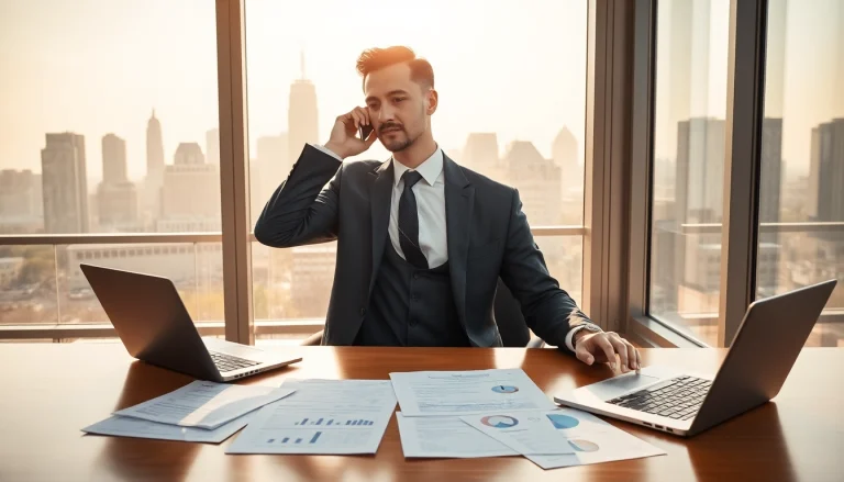 Headhunter Vertrieb am Schreibtisch, telefoniert mit Klienten, professionelles Umfeld.