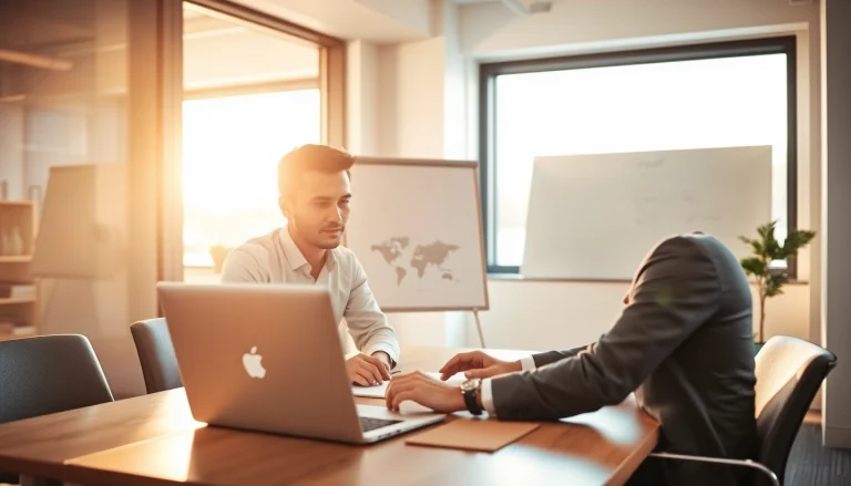 Headhunter Gelsenkirchen berät engagiert einen Bewerber am Tisch im modernen Büro.