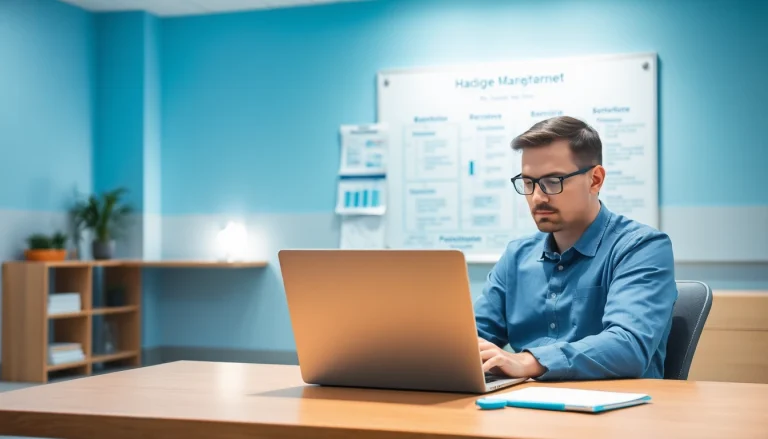 Headhunter Pflegekräfte diskutiert Bewerbungen in einem modernen Büro mit einem Laptop und Lebensläufen zur Rekrutierung.