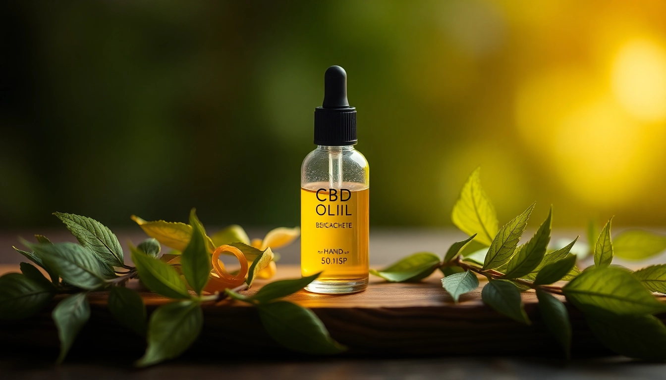 CBD-Öl-Fläschchen, umgeben von frischen Hanfblättern, strahlt Natürlichkeit und Qualität aus.