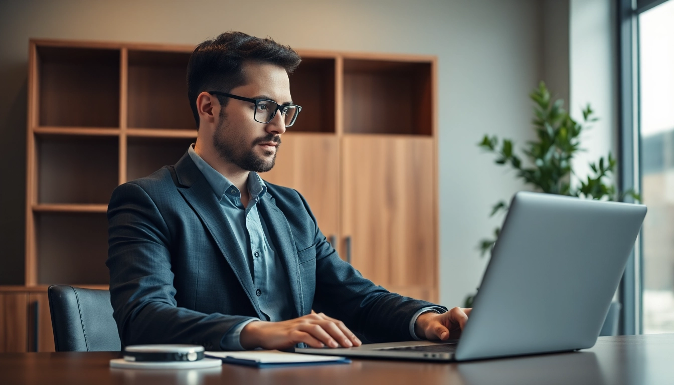 Headhunter Sales bei der Arbeit in einem modernen Büro mit Laptop und Notizen.