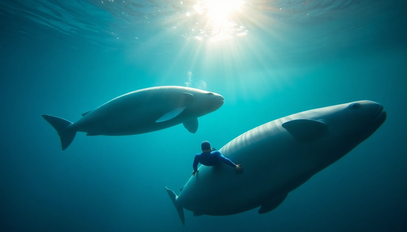 Tauchen Bullenhaie: Taucher interagiert respektvoll mit majestätischen Bullenhaien im klaren, blauen Wasser.