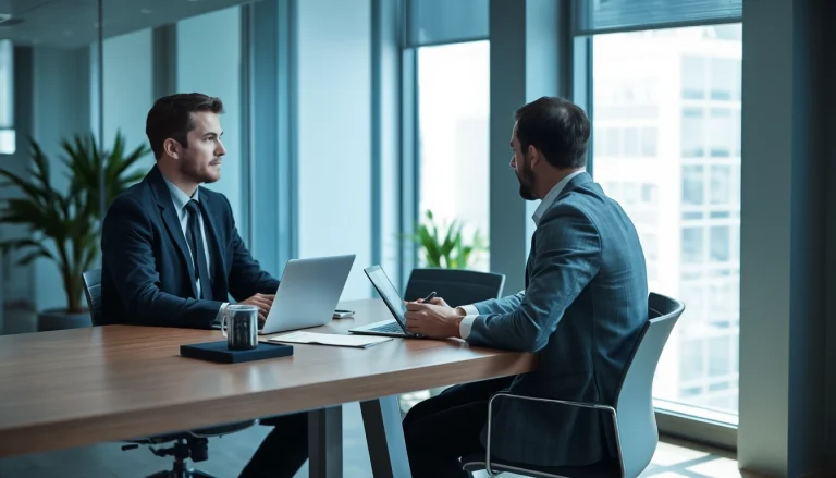 Headhunter IT im Gespräch mit einem Kandidaten in einem modernen Büro.