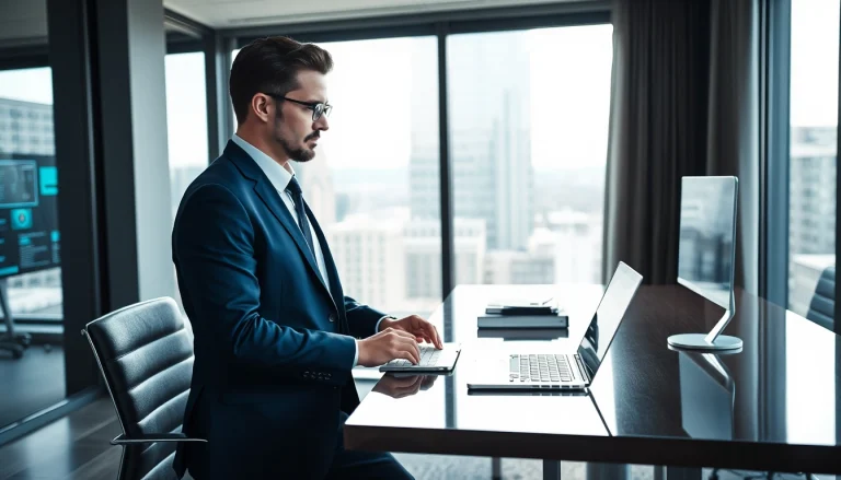 Headhunter IT arbeitet professionell am Schreibtisch in modernem Büro.