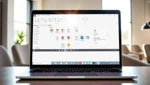 Microsoft Office 2024 für macOS Sonoma auf einem MacBook, das produktive Anwendungen in einem minimalistischen Büro zeigt.
