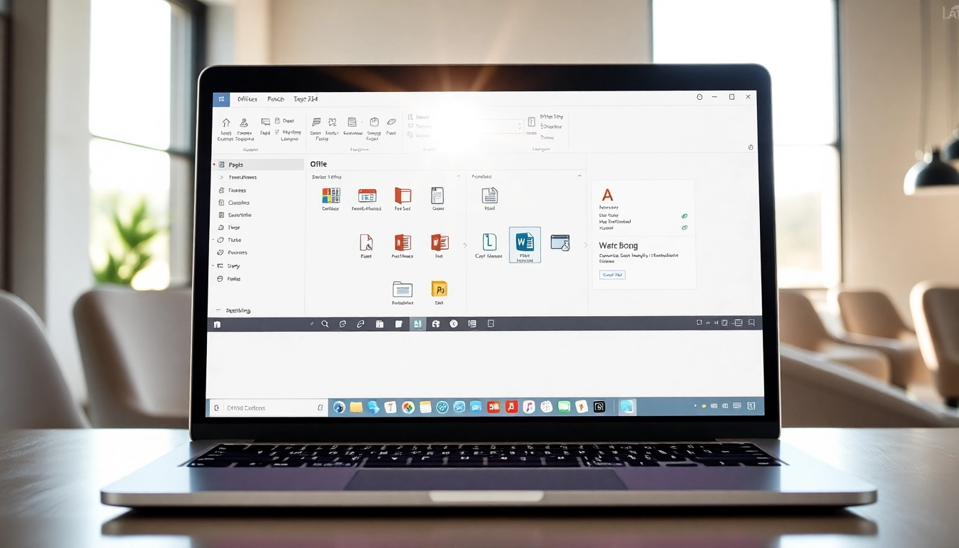 Microsoft Office 2024 für macOS Sonoma auf einem MacBook, das produktive Anwendungen in einem minimalistischen Büro zeigt.