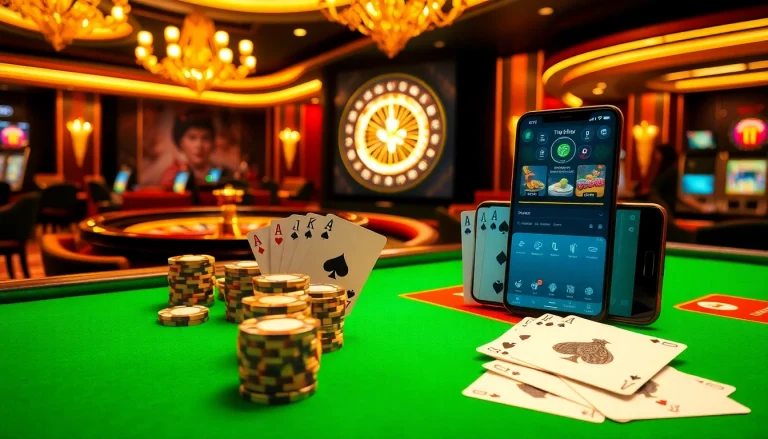 S8 mobile app interface displayed in a luxurious casino setting with chips and cards