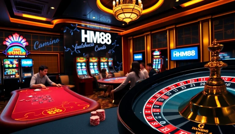 Players enjoying a thrilling game night at HM88’s vibrant online casino, showcasing poker and slot machines.