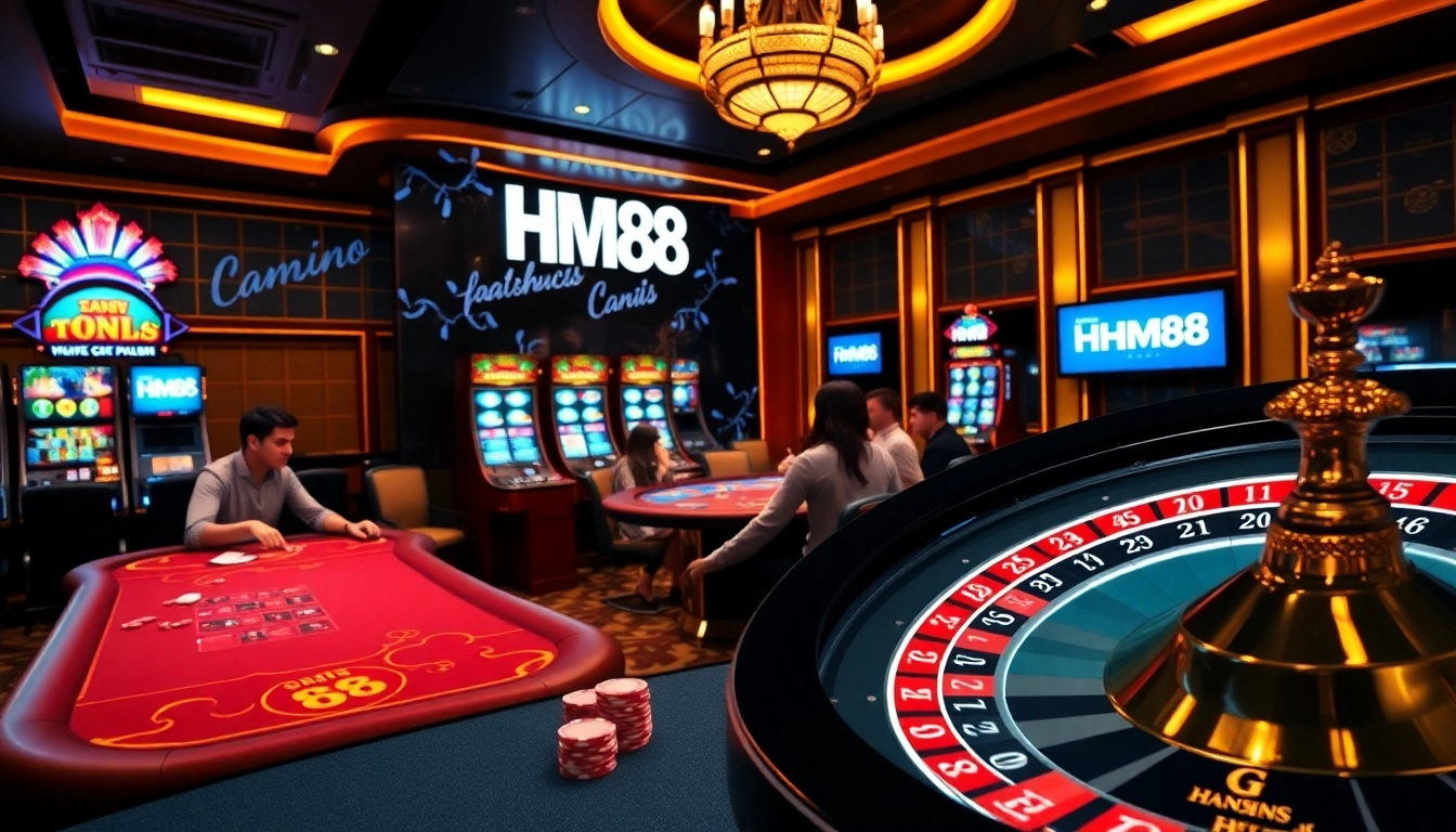 Players enjoying a thrilling game night at HM88’s vibrant online casino, showcasing poker and slot machines.