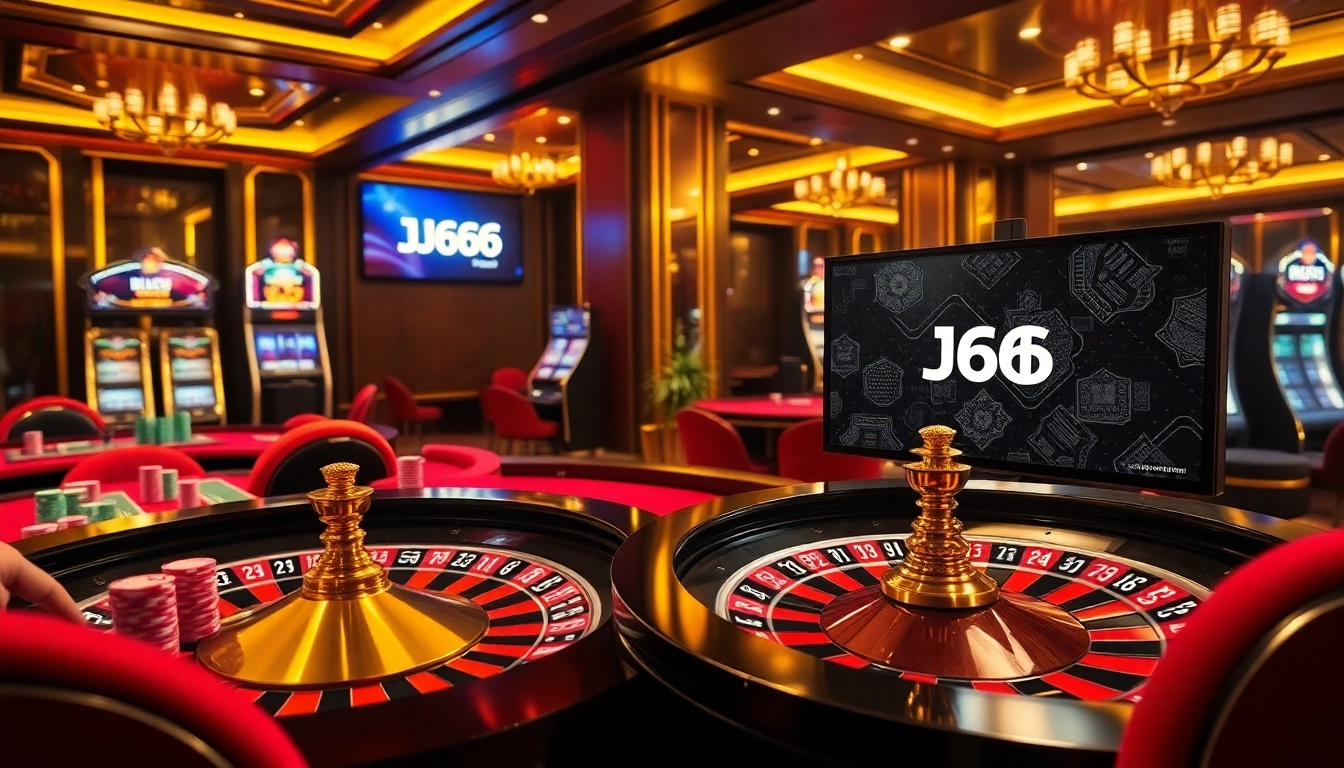 Bj66 players engaging with high-energy casino action featuring vibrant slot machines and roulette tables.