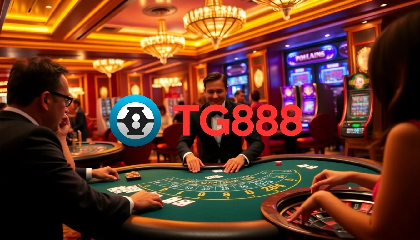 Players engage in a lively casino game at TG88, showcasing blackjack and vibrant slot machines.