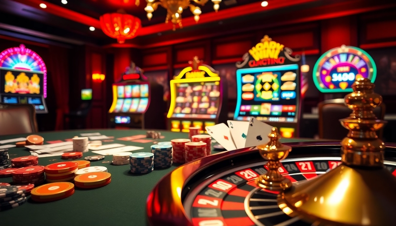 Exciting gambling scene with casino elements showcasing the luxury of https://cf789.lat as poker and roulette engage players.