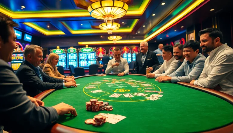 Players enjoying an intense poker game at XX88 casino, surrounded by vibrant gaming elements.