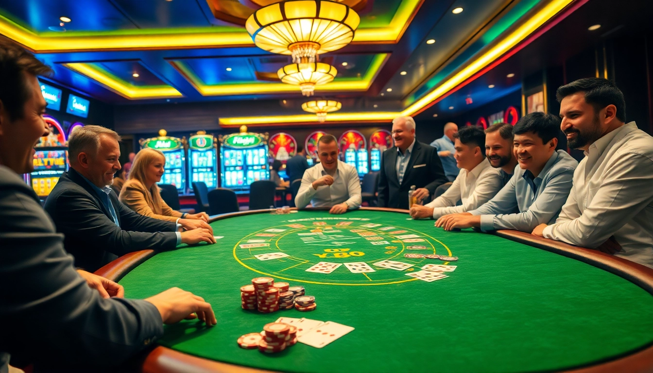 Players enjoying an intense poker game at XX88 casino, surrounded by vibrant gaming elements.