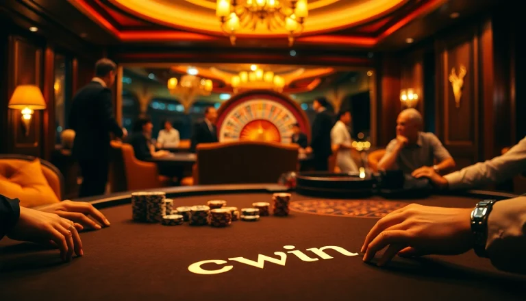 Exciting poker action at the cwin table with vibrant chips and cards in a luxurious casino setting.