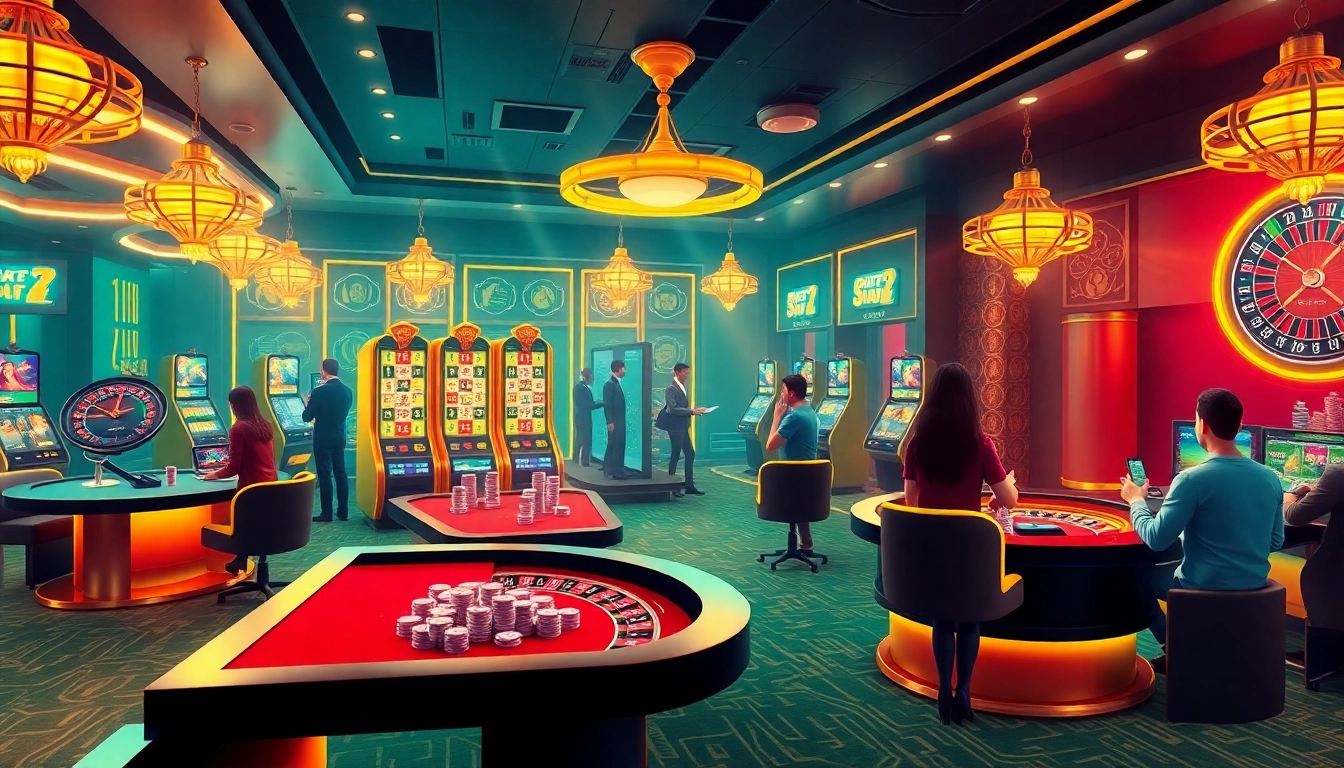 Experience the excitement of Nhà cái SV388 with an immersive online gambling casino environment filled with vibrant gaming elements.
