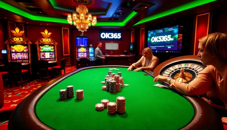 Engage in thrilling gaming experiences at OK365's luxurious casino, featuring exciting poker tables and vibrant slot machines.