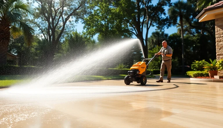 Concrete cleaning in progress, showcasing professional service with a pressure washer revealing freshly cleaned surfaces.