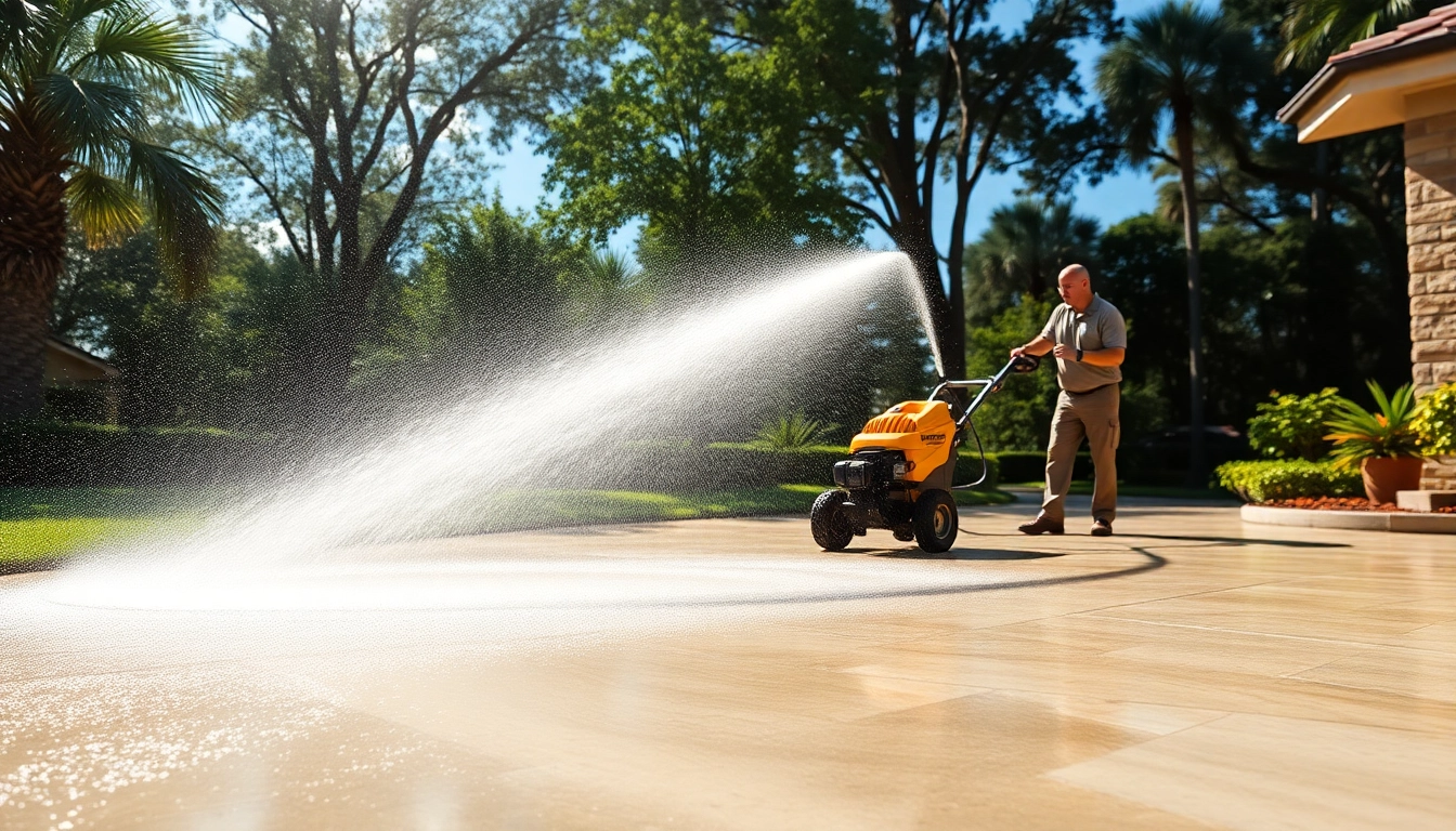 Concrete cleaning in progress, showcasing professional service with a pressure washer revealing freshly cleaned surfaces.