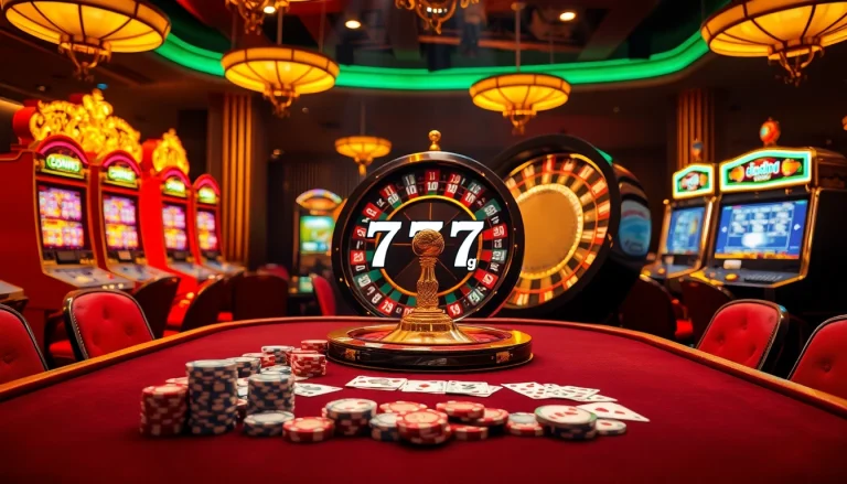 Intense poker game at a luxury casino showcasing the 777g brand with vibrant slot machines.
