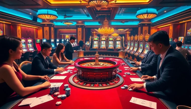 Gamblers enjoying an exciting casino experience at Nhà cái 6789, with luxurious tables and vibrant slot machines.