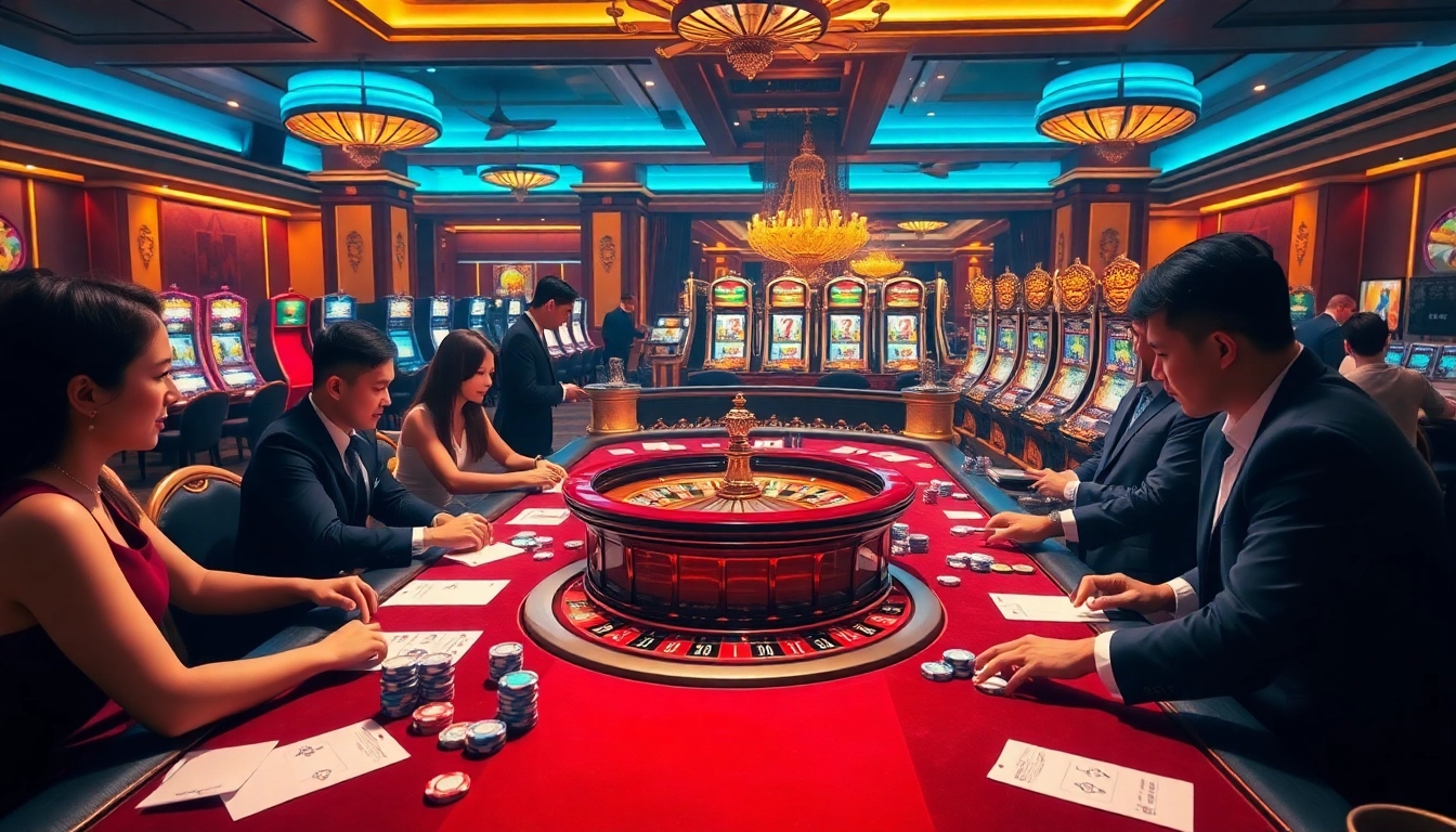 Gamblers enjoying an exciting casino experience at Nhà cái 6789, with luxurious tables and vibrant slot machines.