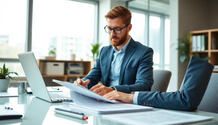 Beeidigter Übersetzer prüft offizielle Dokumente in einem modernen Büro