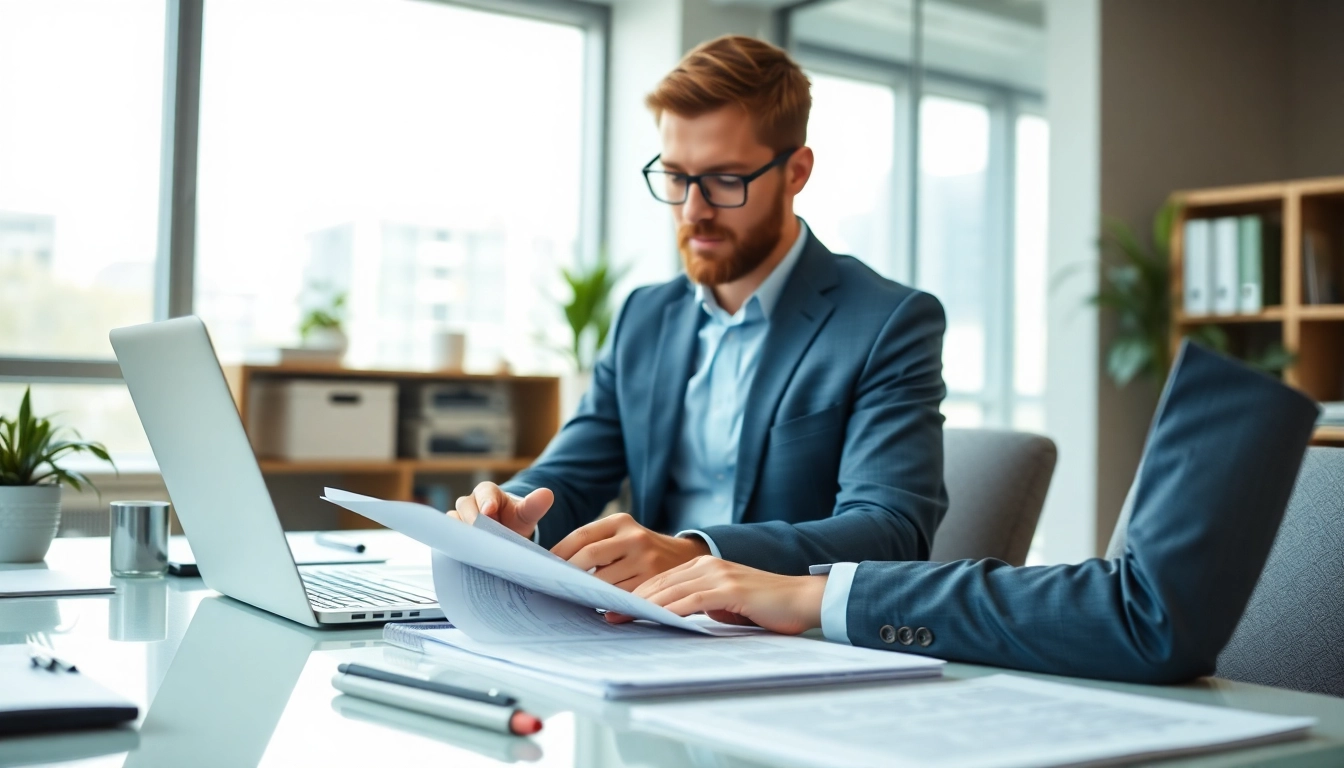 Beeidigter Übersetzer prüft offizielle Dokumente in einem modernen Büro