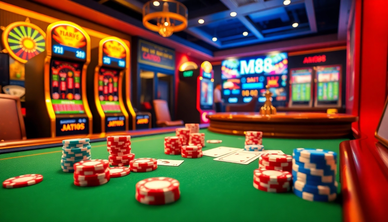 Experience the thrill of betting at MM88, featuring vibrant casino tables and flashing slot machines.