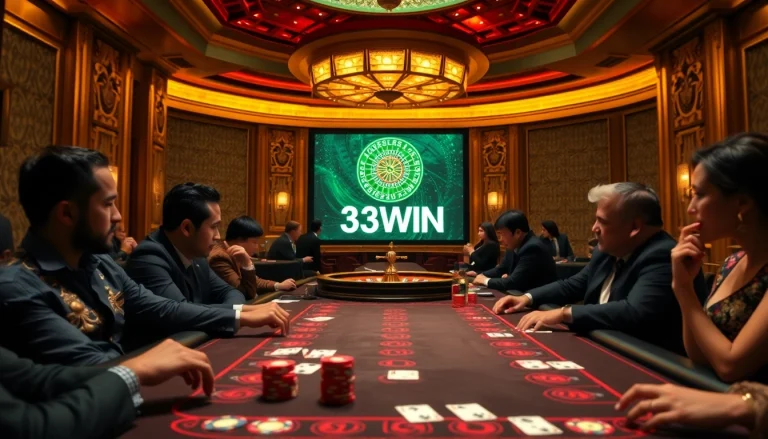 33WIN poker table scene with vibrant chips and cards in a luxurious casino setting.
