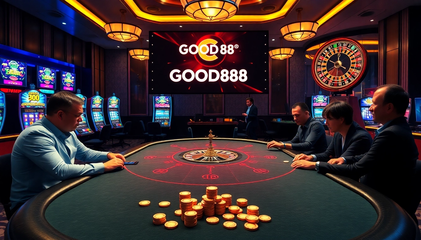 Gamblers playing poker at the GOOD88 casino, surrounded by vibrant slot machines and excitement.