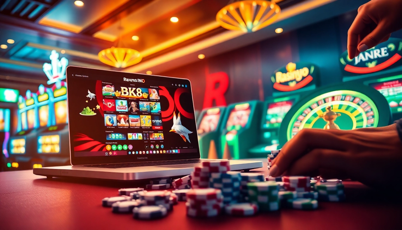Engage with exciting gaming strategies at BK8 through colorful slot machines and a vibrant online casino interface.