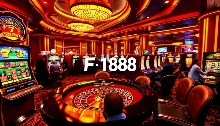 Exciting F168 online casino scene featuring a roulette table, vibrant slot machines, and engaged players.